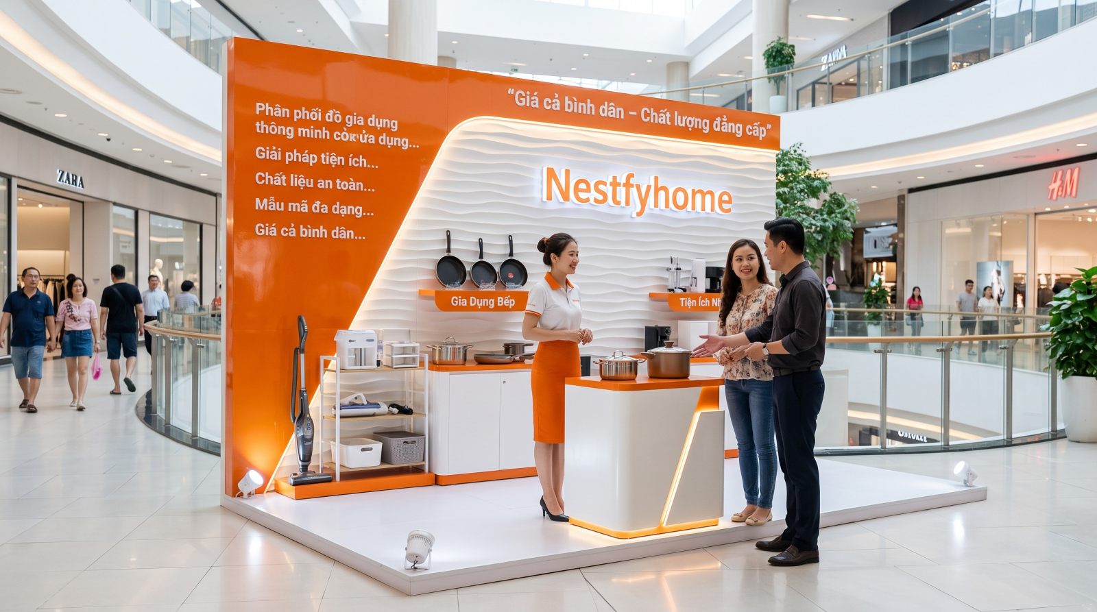 Mẫu booth quảng cáo đồ gia dụng thiết kế ấm cúng sang trọng
