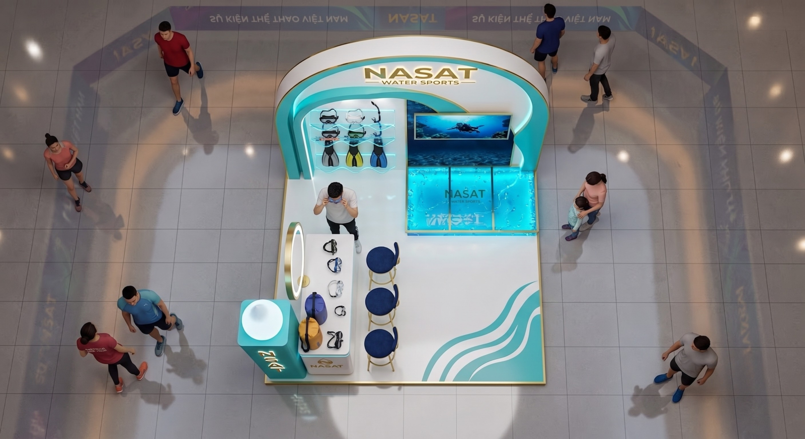 Booth trưng bày thể thao góc nhìn thẳng chính diện